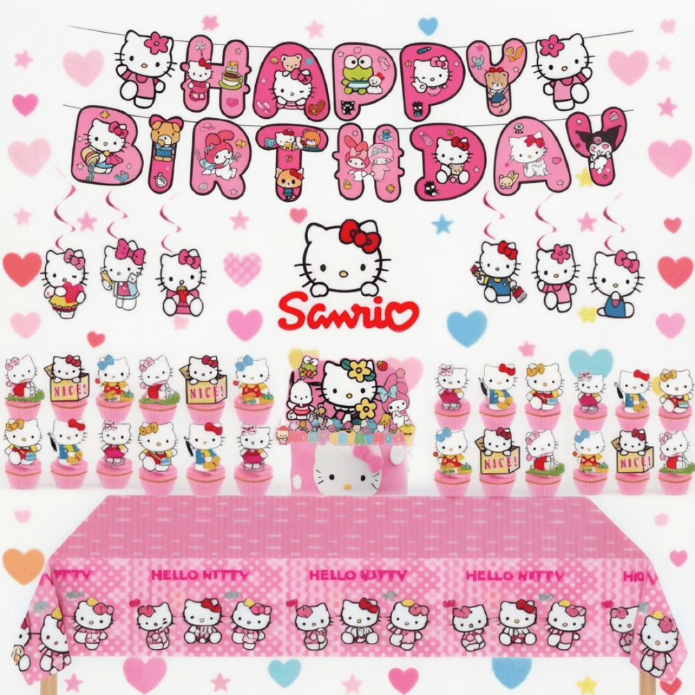 SANRIO Hello Kitty Party Decor Kit, Happy Kitty Birthday Banner, Hanging Swirl Ornaments, Cake & Cupcake Toppers, Disposable Printed Tablecloth For Birthday, Halloween, Thanksgiving, Christmas Cute Pink Themed Party Table & Wall Decor Supplies