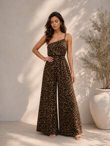 Women's Sleeveless Spaghetti Strap Leopard Print Jumpsuit Summer Vacation - Brown - View 4