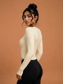 Never me Women's Sports T-Shirt Round Neck Thumb Hole Long Sleeve Top, Cropped Waist Tight Fit Base Layer - Apricot - View 5