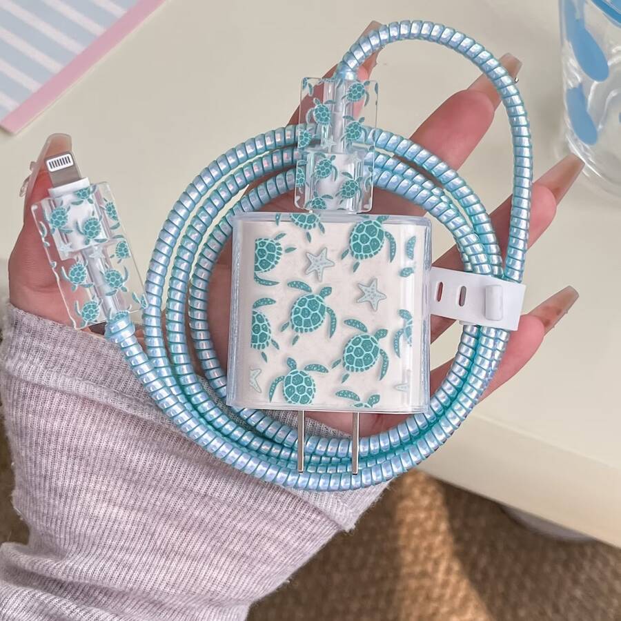 5入藍色海龜圖案數據線保護套,適用於 20W Apple 16 15 充電器, 14 13 12 快速充電,海洋主題,夏季禮物 - 海龜海星 - 查看 1