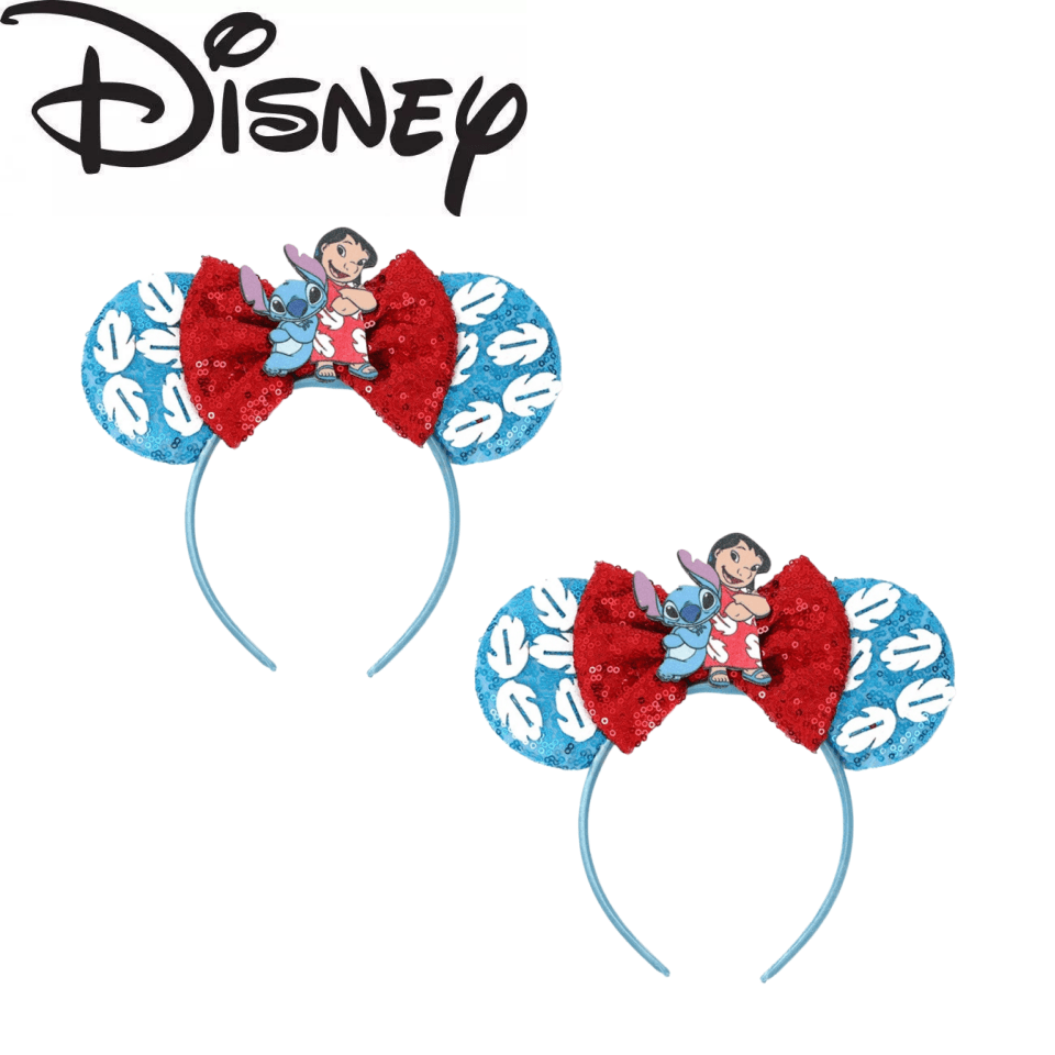 Disney Lilo & Stitch Minnie Mouse Ears Headband, Blue Leaf Sequin Ears, Red Sequin Bow With Lilo Stitch Cutout, Cartoon Girls Theme Park Hair Hoop
