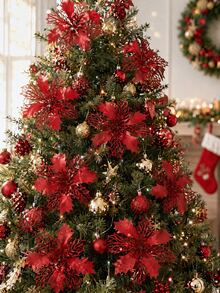16pcs Artificial Glitter Christmas Flower Decor, Artificial Christmas Flower Decorations, Artificial Christmas Tree Decor, DIY Christmas Wreath, Christmas Party, Christmas Tree Decorations, Suitable For Wreath Decoration, Wedding, Party Decor - Red Hollow Flower - View 4