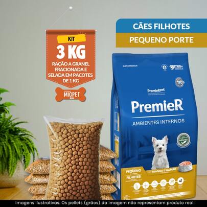 Premier Pet Kit 3 KG Ração Premier Ambientes Internos Cães Filhotes Raças Pequenas a Granel – Sabor Frango e Salmão | 29% Proteína | Embalagem Selada por Quilo