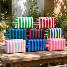 Personalized Striped Makeup Bag With Handle, Large Capacity Cosmetic Organizer, Toiletry Storage Pouch, Zipper Closure Travel Wash Bag, For Daily Use - Multicolor - View 9