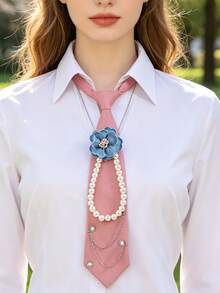 1PC Women's Pink & Blue Contrast Color Tie-Free Collar Necklace, Blue Camellia Pearl Chain Silver Chain Decor, JK School Style Shirt Accessory - Pink Pearl Chain - View 7