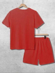 JINYA Men's Summer Daily Minimalist Casual Vacation Light Sporty Short Sleeve Straight Leg Set Home Outdoor City Regular Street Casual Vacation Youth Simple Campus Vintage Versatile Textured Elegant Personalized Sport - Red - View 3