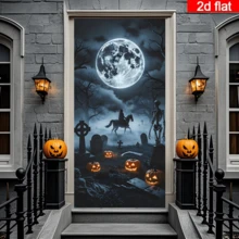 2D Flat Halloween Cemetery Moonlit Night Door Curtain, Dark Style Cemetery Scene With Skeleton Knight, Glowing Pumpkin Lantern And Full Moon Elements, Durable Polyester, No Power Required, Suitable For Halloween Party Decoration, Can Be Used For Indoor/Outdoor Wall, Door/Window Decoration, Haunted House, Home, Studio, Outdoor Scenes, Holiday Atmosphere Setup, Polyester Material, No Power Required - 1PC - View 1