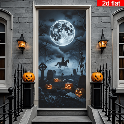 2D Flat Halloween Cemetery Moonlit Night Door Curtain, Dark Style Cemetery Scene With Skeleton Knight, Glowing Pumpkin Lantern And Full Moon Elements, Durable Polyester, No Power Required, Suitable For Halloween Party Decoration, Can Be Used For Indoor/Outdoor Wall, Door/Window Decoration, Haunted House, Home, Studio, Outdoor Scenes, Holiday Atmosphere Setup, Polyester Material, No Power Required