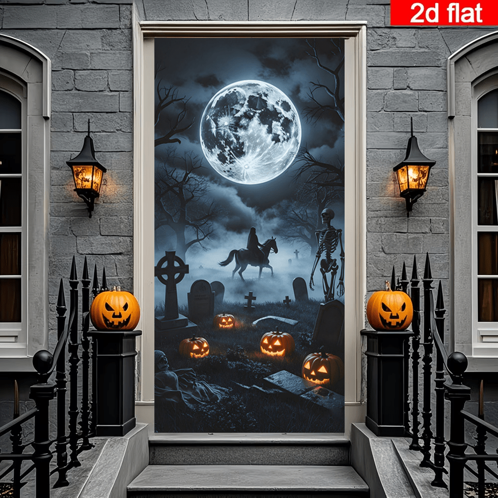 2D Flat Halloween Cemetery Moonlit Night Door Curtain, Dark Style Cemetery Scene With Skeleton Knight, Glowing Pumpkin Lantern And Full Moon Elements, Durable Polyester, No Power Required, Suitable For Halloween Party Decoration, Can Be Used For Indoor/Outdoor Wall, Door/Window Decoration, Haunted House, Home, Studio, Outdoor Scenes, Holiday Atmosphere Setup, Polyester Material, No Power Required