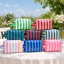Personalized Striped Makeup Bag With Handle, Large Capacity Cosmetic Organizer, Toiletry Storage Pouch, Zipper Closure Travel Wash Bag, For Daily Use - Multicolor - View 10