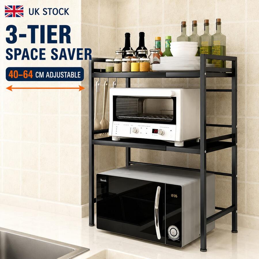 2-Tier Expandable Microwave Rack, Adjustable-Width Black Carbon Steel Countertop Shelf With 6 Hooks, Kitchen Worktop Organiser For Microwave Oven, Air Fryer, Toaster, Rice Cooker, Pots, Pans And Utensils - Black - View 1