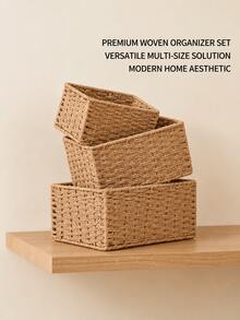 1pc/3pcs Premium Handmade Woven Paper Rope Rattan Storage Basket, Large Capacity Home Organization Box, Minimalist Space-Saving Design, Desktop Storage Box, Suitable For Cosmetics, Jewelry, Keys, Snacks, Books, Bedroom Living Room Decor - Khaki - View 1