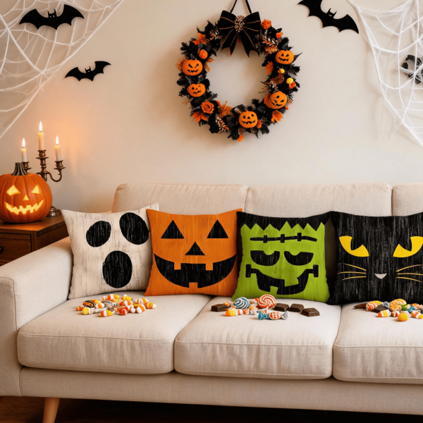 4pcs Halloween Pillow Covers Set, Funny Ghost Pumpkin Black Cat Expression Throw Pillow Covers, Vintage Wood Grain Sofa Cushion Covers, Living Room Bedroom Bedside Office Decor Pillow Covers, Halloween Theme Party Decoration Home Soft Furnishing Cushion Covers, Without Inserts, Farmhouse Country Style Autumn Holiday Decor