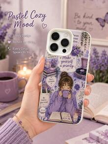 1PC Lavender Purple Watercolor Cozy Girl Reading White Cat Phone Case Compatible With Iphone 17 16 15 14 13 12 11 Pro Max, Positive Self Care Inspirational Quotes Floral Record Player Book Candle Shockproof Soft Phone Shell - Beige - View 5