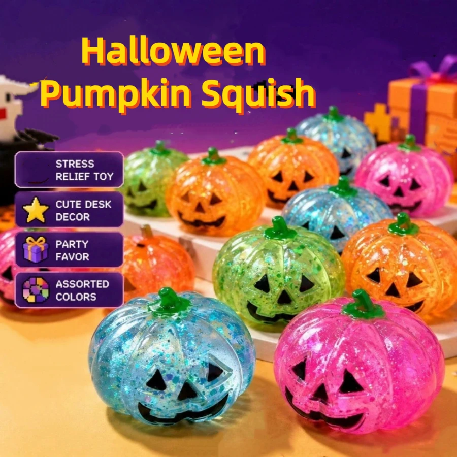 Juguete antiestrés de calabaza de linterna de Halloween para apretar, adecuado para niños y adolescentes, juguete de alivio del estrés de Halloween, juguete de dumpling, regalo de fiesta, regalo de vacaciones, premio de aula, decoración de escritorio, relleno de bolsa de Trick or Treat - Multicolor - Ver 1