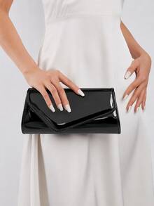 REMANLAND Women's Glossy Envelope Clutch Bag, Elegant Evening Handbag With Detachable Chain Strap For Wedding, Party, Prom & Formal Events, Sophisticated Style - Black - View 2