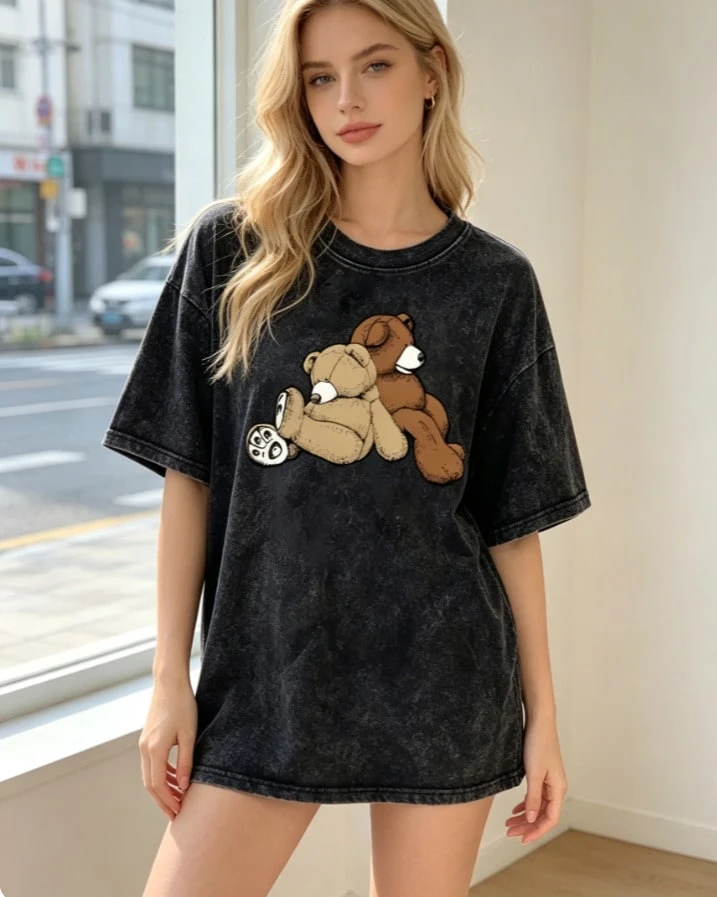 Top,Y2k, Vintage Style 230g Washed Cotton Printed Women's T-Shirt, High-Quality Pure Cotton, Casual Everyday Wear, Ideal Holiday Gift - Black - View 1