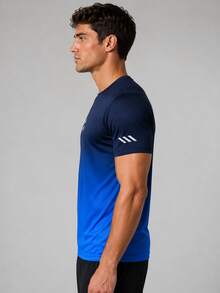 Men's Deep Blue To Bright Blue Gradient Quick-Dry Sports T-Shirt, White Striped Print Crew Neck Short Sleeve Breathable Running Athletic Top - Multicolor - View 4
