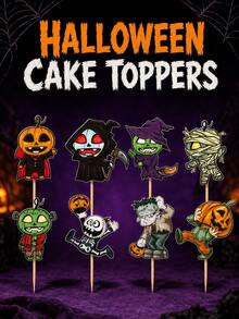 32pcs Halloween Cake Toppers Cartoon Pumpkin Vampire Witch Mummy Zombie Skeleton Dessert Decorations For Costume Parties Birthdays Cupcakes And Baking Displays - View 1
