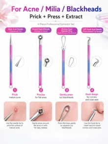 Gradient Color Professional Stainless Steel Dual-Head Blackhead Extractor Tool - Professional Dual-Head Extractor, Ergonomic Handle, Suitable For Squeezing Whiteheads, Blackheads, Acne And Facial Cleansing. No Battery Required, Portable Design, Durable Material, Easy To Clean, Essential For Beauty Enthusiasts, Designed For Skincare - Multicolor - View 6