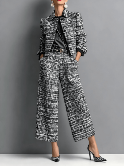 Conjunto de dos piezas de blazer corto de tweed y pantalones de pierna ancha de cintura alta para mujer, atuendo formal de oficina coordinado para trabajo y ocasiones de negocios