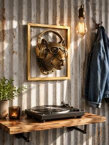 1pc Vintage Gold Leopard Head Wall Decor, Resin Animal Sculpture With Headphones And Glasses, Retro Music Wall Art For Living Room, Bedroom, Office, Bar, Studio, Gaming Room, Entryway, Unique Home Decoration, Music Lover Gift, Housewarming Gift - Multicolor - View 3