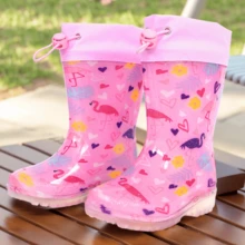 Sepatu Bot Hujan Anak-Anak Motif Polkadot dengan Tali Serut dan Glitter, Sepatu Bot Karet Tahan Air dengan Sol Transparan Anti Selip - Baby Pink - View 1