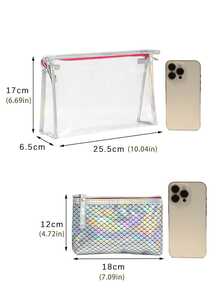 2pcs Laser Fish Scale Pattern Makeup Bag Set, Women's Transparent PVC Waterproof Dry & Wet Separation Travel Toiletry Bag, 3D Wave Print Portable Toiletry Bag, Suitable For Summer Beach, Pool, Camping And Daily Cosmetics Storage - Multicolor - View 12