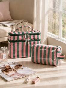 Striped Travel Makeup Bag Set, Fashionable Double Layer Design Cosmetic Organizer, Large Capacity Essentials And Daily Travel Storage Bag - Multicolor - View 2