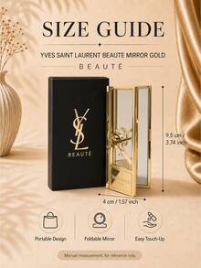 YSL Saint Laurent 金色長方形化妝鏡，9.5*4cm，亮面，可折疊，輕薄便攜，適合隨身補妝或作為禮物 - 金色 - 查看 4