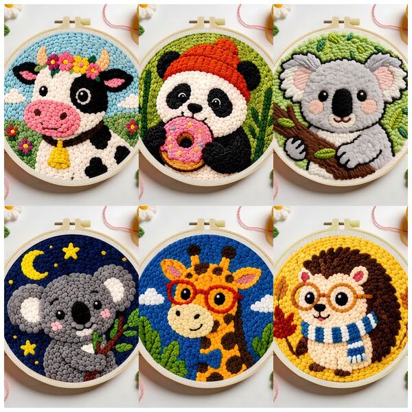 DIY Punching Needle Embroidery Set For Beginners, Including Punching Needles, Threads, Instructions, Embroidery Rings, And Pre Printed Pattern Fabrics, Cute Animals, Suitable For Home Decoration And Gifts, 2D Flat Printing,20X20cm (7.87X7.87 Inches)