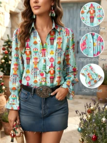 Women's Festive Nutcracker Print Blouse - Holiday Light Blue Long Sleeve Top With Ruffled Cuffs - Chic Christmas Party Button-Up Shirt - Seasonal Gift - 薄荷藍 - 查看 1