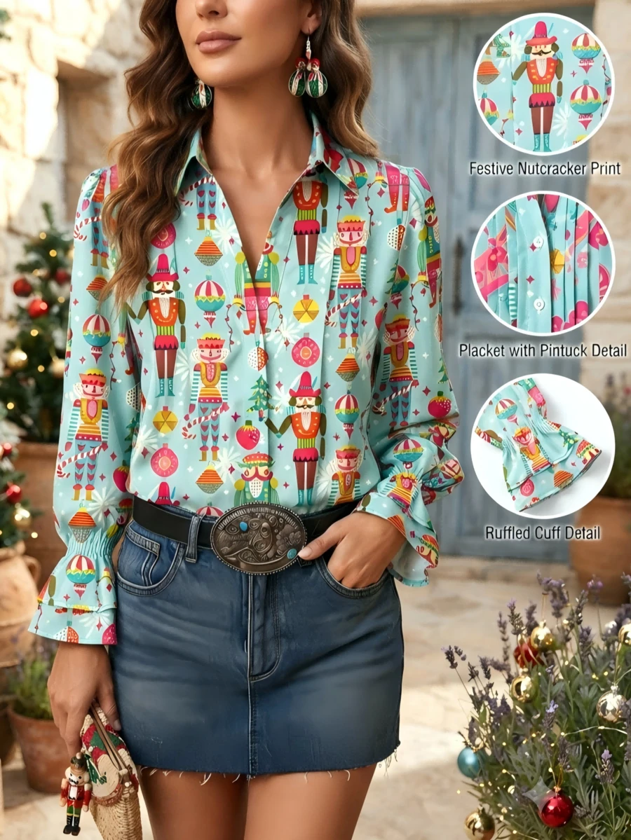 Women's Festive Nutcracker Print Blouse - Holiday Light Blue Long Sleeve Top With Ruffled Cuffs - Chic Christmas Party Button-Up Shirt - Seasonal Gift - 薄荷藍 - 查看 1