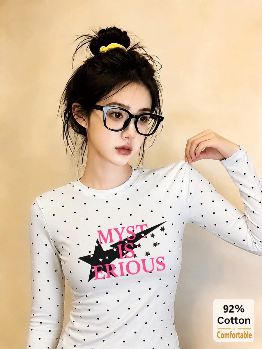 Women's Round Neck Polka Dot Casual Versatile Daily Commute Long Sleeve T-Shirt With Letter And Star Print - White With Black Polka Dots - View 1