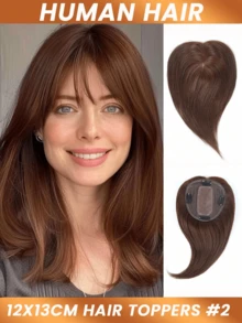 Huamn Hair Topper 12*13cm/4.5*5inch Clip In Hair Extensions Straight Toupee Silk Base Hairpiece With Bangs 3 Clips In Topper Seamless Topper Hairpiece For Thinning Hair Cover Bald Or White Hair Multicolor Color - S2 - View 2