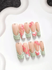 10件裝清新田園風手工穿戴甲，Polygel美甲套組，花卉圖案，粉綠配色，溫柔女孩風，含美甲工具，3種尺寸可選，杏仁/鴨嘴/棺材形，適合派對、跳舞、日常佩戴 - 彩色 - 查看 13