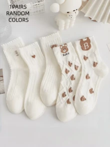 1/5 Pairs Women's Slim Mid Tube Early Autumn Versatile Japanese Anime Cute Bear Student Solid Color Socks - Multicolor - View 7