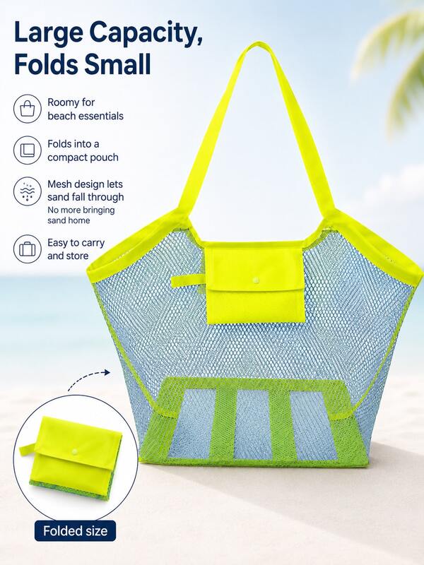 1pc Large Capacity Transparent Mesh Beach Bag, Neon Yellow Handheld Tote Bag, Women's Beach Vacation Travel Essential, Summer Holiday Storage Bag, Soft Mesh Portable Style, Suitable For Beach, Pool, Camping, Picnic, Fitness, Swimming, Cruise, Family Outdoor Use, For Towels, Water Bottles, Sunscreen, Swimwear, Toys, Clothing Storage And Organization, Convenient For Luggage Packing And Beach Gear Carrying, Practical Travel Gift For Labor Day, Halloween, Thanksgiving
