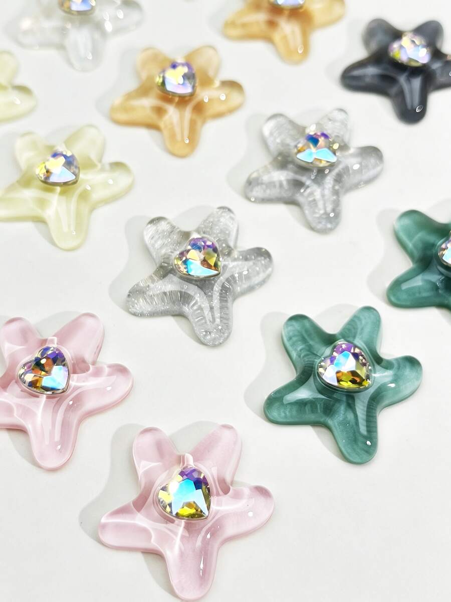 5pcs Clear Rhinestone Starfish Jewelry Making Decorative Accessories, Acrylic Starfish Pendant Charms, DIY Jewelry Accessories, Women's Jewelry, Earring Ring Phone Case Making Accessories - Heart-shaped Diamond Starfish - View 1