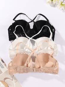 3pcs Women's Fashion Floral Lace Underwire Bras, Push-Up Thick Padded Side Support, Comfortable T-Shirt Bra, Adjustable Spaghetti Strap, Suitable For Daily Autumn Wear - Multicolor - View 4