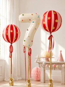 Cream White Number Decorative Balloon Set, 4D Red Striped Foil Balloons With Gold Star Foil Balloons, Felt Balls (Random Color), Includes Ribbon - Milky White - View 7