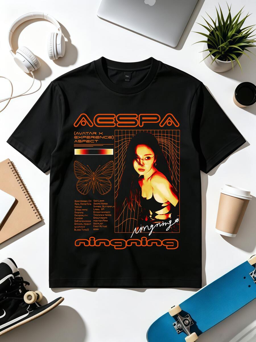 Aespa Ningning Orange Tech Butterfly Y2K Retro Poster Streetwear T-Shirt - 黑色 - 查看 1