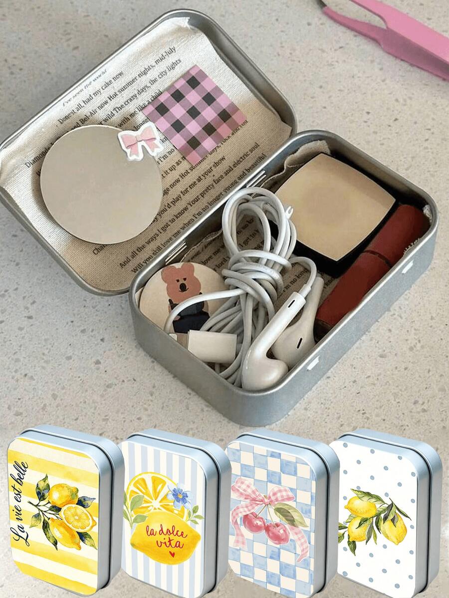 Lemon Cherry Bow Pattern Rectangular Hinged Metal Box, Fresh Artistic Print DIY Mini Portable Storage Box, Compact Storage Container And Mini Foldable Metal Box, Perfect For Storing Jewelry, Pills, Sewing Supplies And Other Small Items, Gift For Family And Friends, Back To School Essential - Multicolor - View 1