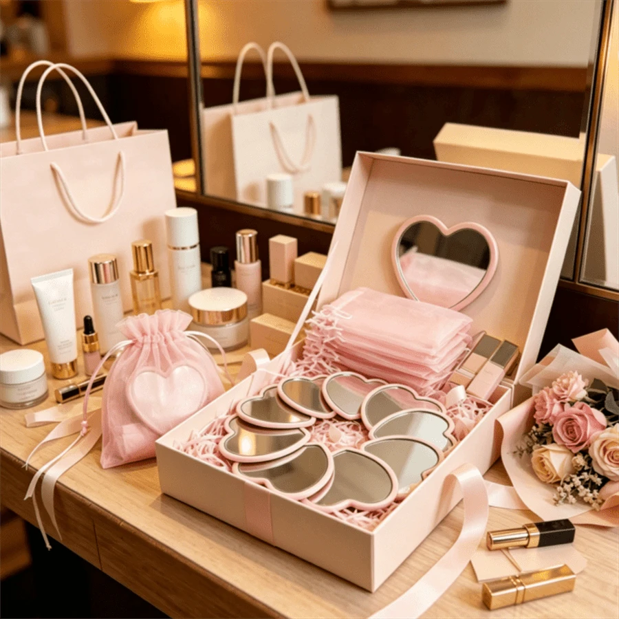 12pcs Heart-Shaped Mirrors With Pink Storage Bags, Suitable For Travel, Wedding Gifts & Korean Skincare Routine - Pink Ribbon Compact Lightweight Portable Mirror Collection With Polished, Decorative Suitable For Decor, Gifts For - A - View 1