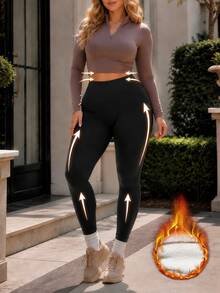 Plus Size Women's Fleece Lined High Waist Warm Pants, Tummy Control Elastic Slim Fit Soft Warm Winter Bottoms, Suitable For Curvy Women - Black - View 1