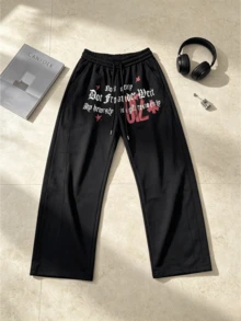 Men's Long Pants Outdoor Casual Letter Wide Leg Casual Pants Men's Clothing Pants Autumn/Winter Loose Pants Waist Drawstring Design Casual Black Pants Men's Cargo Pants - Black - View 4