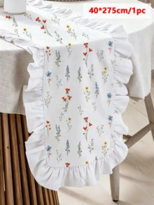 1/20PCS French Style Vintage Floral Lotus Leaf Ruffle Edge Table Runner, Long Tablecloth For Coffee Table, Cabinet, Outdoor Holiday Decor, Suitable For Living Room, Dining Room, Holiday Party, Family Gathering, Wedding, Birthday, Table Decoration, Washable - White - View 11