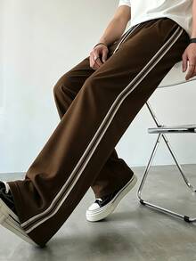 Men's Summer Knitted Long Pants With Color Block Design, Casual Straight Leg Sports Pants For Daily Wear And Commuting - Coffee Brown - View 4