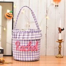 Keranjang Penyimpanan Halloween Berumbai yang Dipersonalisasi, Tas Permen Halloween Kotak-kotak dengan Nama yang Dapat Disesuaikan, Ember Permen Halloween Anak-anak, Tempat Penyimpanan Hadiah Halloween - MultiWarna - View 15