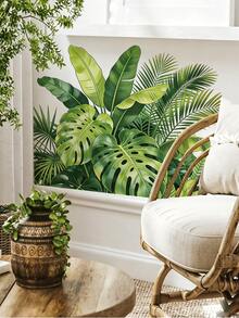1pc Tropical Greenery Wall Sticker With Monstera And Palm Leaves, Removable Wall Decal For Bedroom, Living Room, Entryway Room Decor - 1PC - View 1